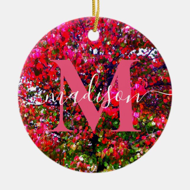 Adorno De Cerámica Otoño Cambiando hojas, árboles impresionistas rosa (Frente)