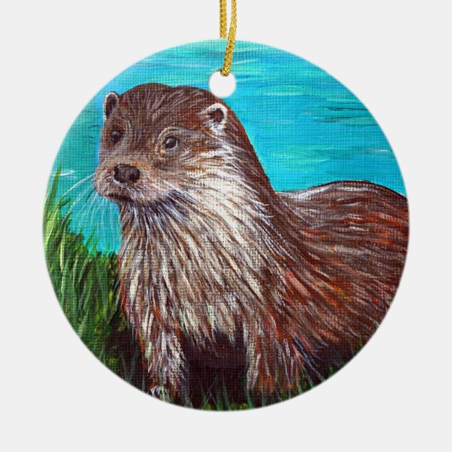 Adorno De Cerámica Otter by a River Painting (Frente)