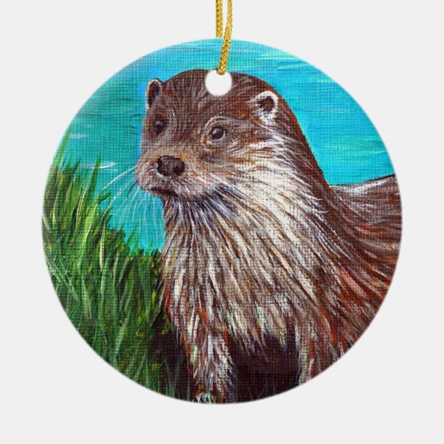Adorno De Cerámica Otter by a River Painting (Frente)
