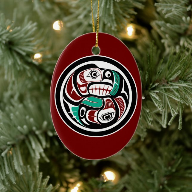 Adorno De Cerámica Otter Salmon, arte negro rojo nativo estadounidens (Árbol)