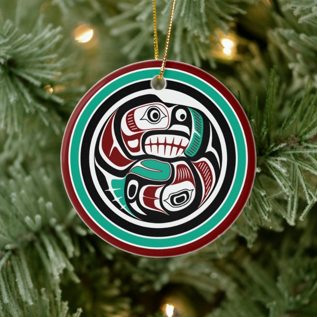 Adorno De Cerámica Otter Salmon, arte negro rojo nativo estadounidens (Árbol)