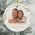 Adorno De Cerámica Our First Christmas As Mr & Mrs Gold Foliage Photo<br><div class="desc">This elegant First Christmas as Mr & Mrs Christmas Ornament is decorated with gold foliage on a white background.
Easily customizable with your photo and year.
Original Watercolor © Michele Davies.</div>