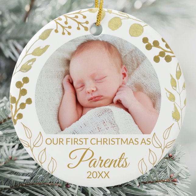 Adorno De Cerámica Our First Christmas As Parents Gold Foliage Photo (Subido por el creador)