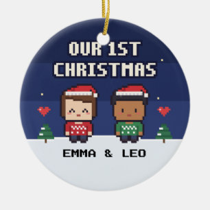 Adorno De Cerámica Our First Christmas Couple Pixel Art Ornament