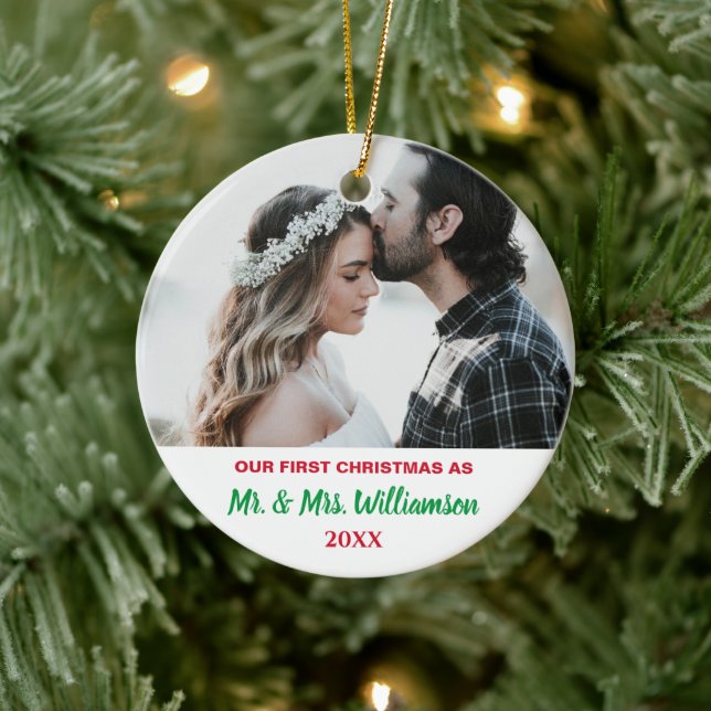 Adorno De Cerámica Our First Christmas Custom Photo Married Couple (Árbol)