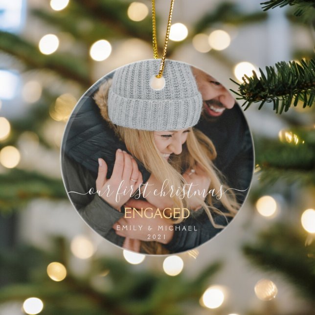 Adorno De Cerámica Our First Christmas Engaged Hand Lettered Photo (Subido por el creador)