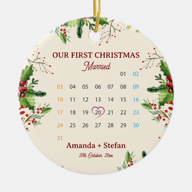 Adorno De Cerámica Our First Christmas Keepsake Married  Calendar (Frente)