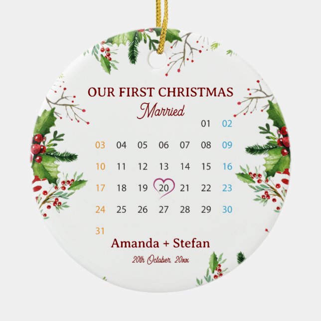 Adorno De Cerámica Our First Christmas Married  Keepsake Calendar (Frente)