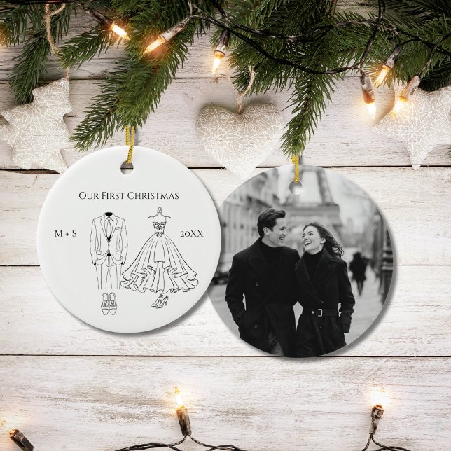 Adorno De Cerámica Our First Christmas Photo Wedding Dress Suit Cute (Subido por el creador)