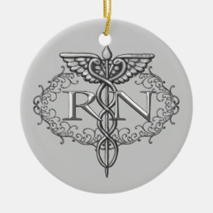 Adorno De Cerámica Oval Silver Caduceus RN Nurse custom name Ornament