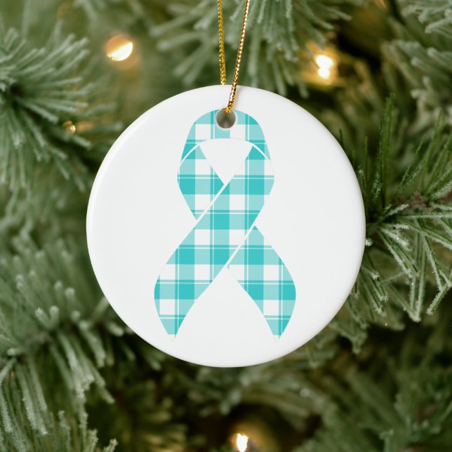 Adorno De Cerámica Ovarian Cancer Awareness Plaid Teal Ribbon (Árbol)