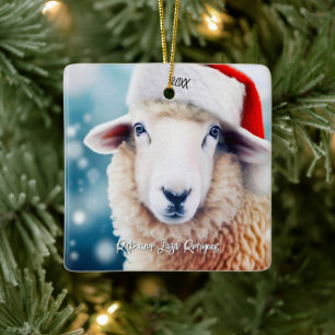 Adorno De Cerámica Oveja linda con sombrero de Santa Navidad