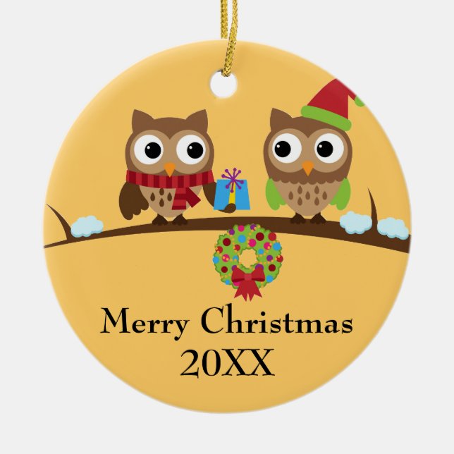 Adorno De Cerámica Owl Friends with Gift Ornament (Frente)