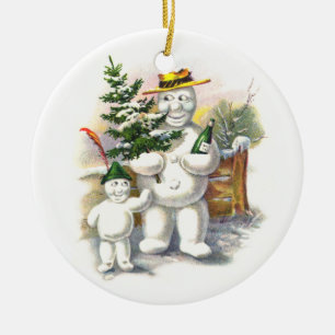Adorno De Cerámica Padre e hijo del muñeco de nieve