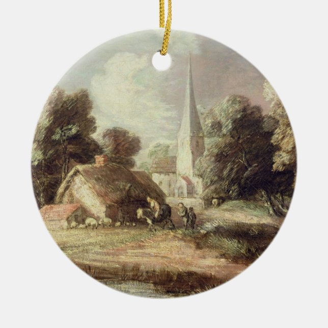 Adorno De Cerámica Paisaje con una iglesia, cabaña, aldeanos y (Frente)