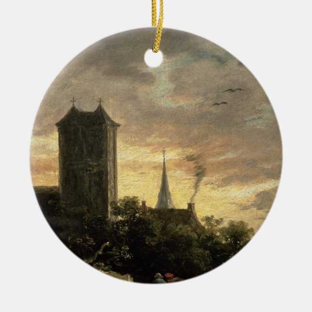 Adorno De Cerámica Paisaje con una torre (aceite en lona) (Frente)