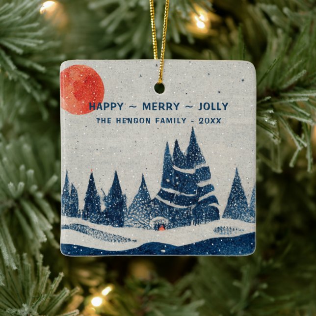Adorno De Cerámica Paisaje invernal Bosque Moon Navy Dibujo Azul (Árbol)