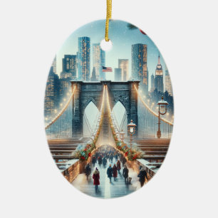 Adorno De Cerámica Paisaje invernal. Puente de Brooklyn - Nueva York