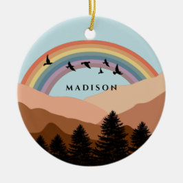 Adorno De Cerámica Paisaje Resumen Árboles forestales Arcoiris y Aves