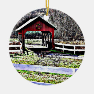 Adorno De Cerámica Paisaje rojo del puente cubierto