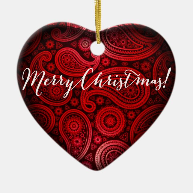 Adorno De Cerámica Paisley Deluxe Feliz Corazón de Navidad| rojo (Frente)