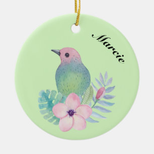 Adorno De Cerámica Pájaro acuarela y flor