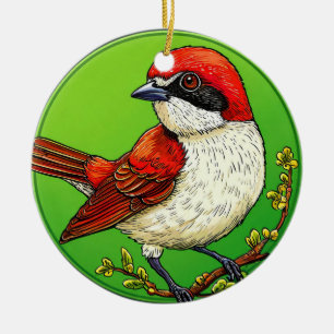 Adorno De Cerámica Pájaro alcaudón dorsirrojo colorido