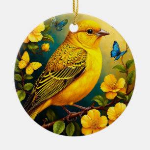 Adorno De Cerámica Pájaro Amarillo Posado Entre Flores Brillantes