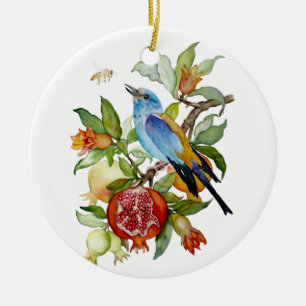 Adorno De Cerámica Pájaro Azul Entre Granadas Botánico Acuarela