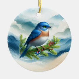 Adorno De Cerámica Pájaro azul y ramas navideñas