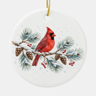 Adorno De Cerámica Pájaro Cardinal de Invierno Regalo Acuarela Pino N