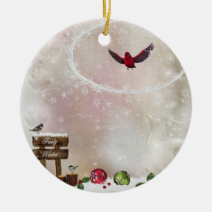 Adorno De Cerámica Pájaro cardinal rojo del navidad blanco