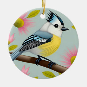 Adorno De Cerámica Pájaro Colorido en Rama enmarcado con Flores