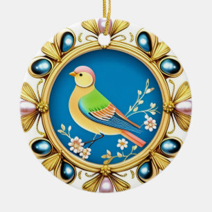 Adorno De Cerámica Pájaro Colorido Enmarcado por Perlas Ornamentales