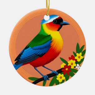 Adorno De Cerámica Pájaro Colorido Posado Entre Flores Vibrantes