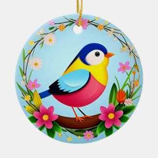 Adorno De Cerámica Pájaro Colorido Rodeado de Corona de Flores