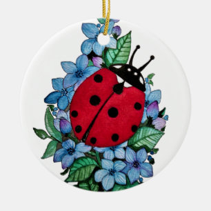 Adorno De Cerámica Pájaro De Ladybird Acuarela Con Flores Salvajes Az