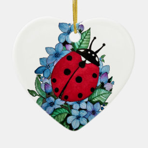 Adorno De Cerámica Pájaro De Ladybird Acuarela Con Flores Salvajes Az