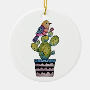 Adorno De Cerámica Pájaro del cactus y del arco iris en acuarela