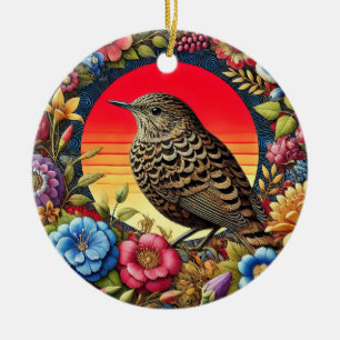 Adorno De Cerámica Pájaro entre flores coloridas