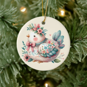 Adorno De Cerámica Pájaro Folk Floral con Encanto Boho Pastel