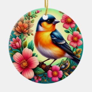 Adorno De Cerámica Pájaro Posado Entre Flores Coloridas
