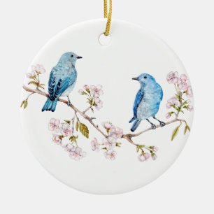 Adorno De Cerámica Pájaros azules de montaña en la rama de Sakura