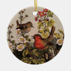 Adorno De Cerámica Pájaros Cantores Robin Botánico Floral Vintage
