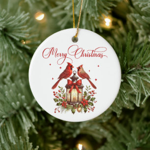 Adorno De Cerámica Pájaros Cardenales en Linterna de Navidad en Acuar