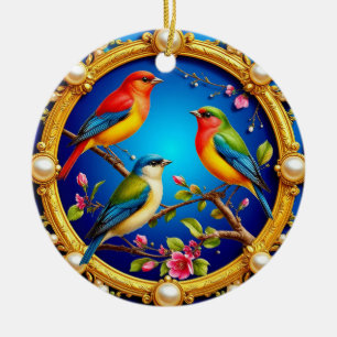 Adorno De Cerámica Pájaros Coloridos en Marco Dorado Ornamentado