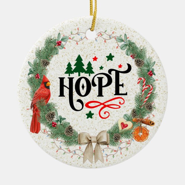 Adorno De Cerámica Palabra de esperanza con Navidades Wreath con cint (Frente)