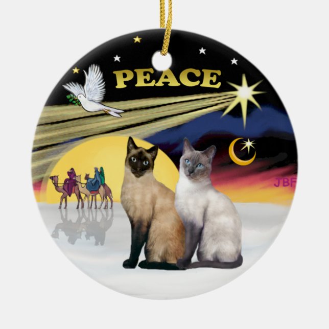 Adorno De Cerámica Paloma de Navidad - Dos gatos siameses (Choc+Blue) (Frente)