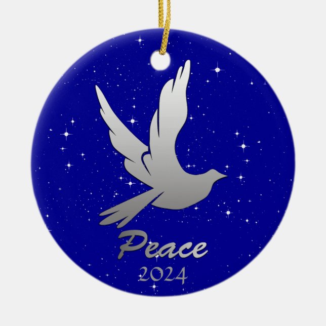 Adorno De Cerámica Paloma de paz en gris plateado contra cielo estrel (Frente)