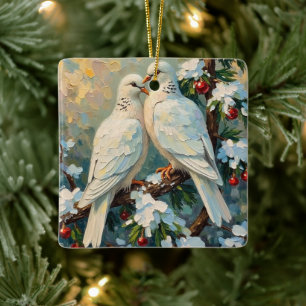 Adorno De Cerámica Palomas de Navidad Vintage en rama de hoja perenne